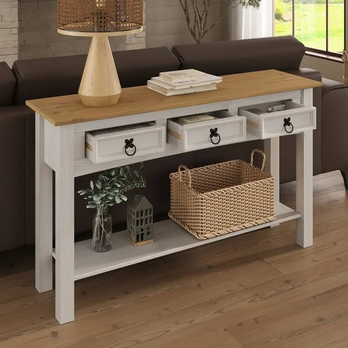 Tavolo Consolle Rustico in Pino Massiccio per Ingresso, Bianco Decapato / Marrone Antico / Grigio Decapato / Non Verniciato, 3 Cassetti