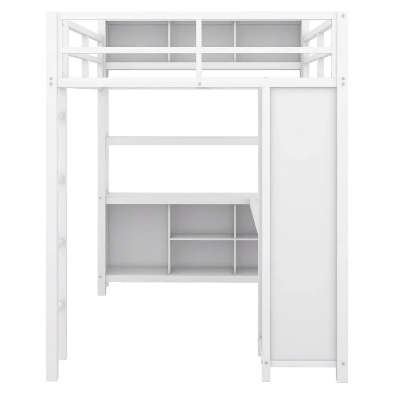 Letto a soppalco in metallo Off-White con scrivania e armadio - Matrimoniale
