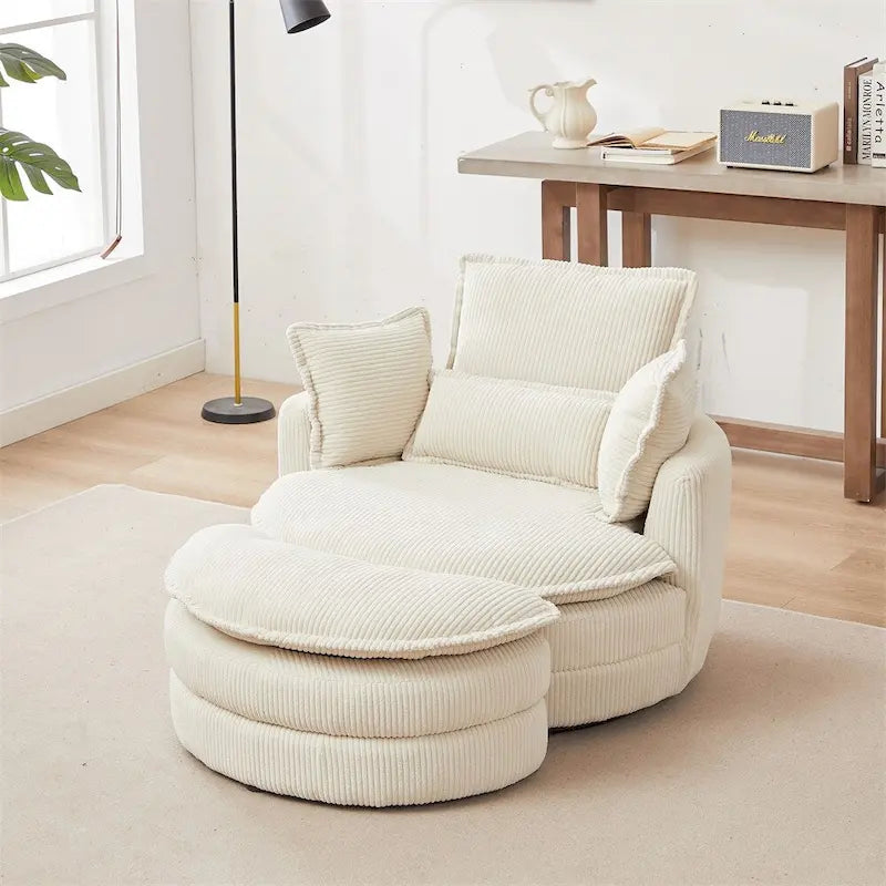 Poltrona girevole oversize con pouf contenitore Moon con 4 cuscini
