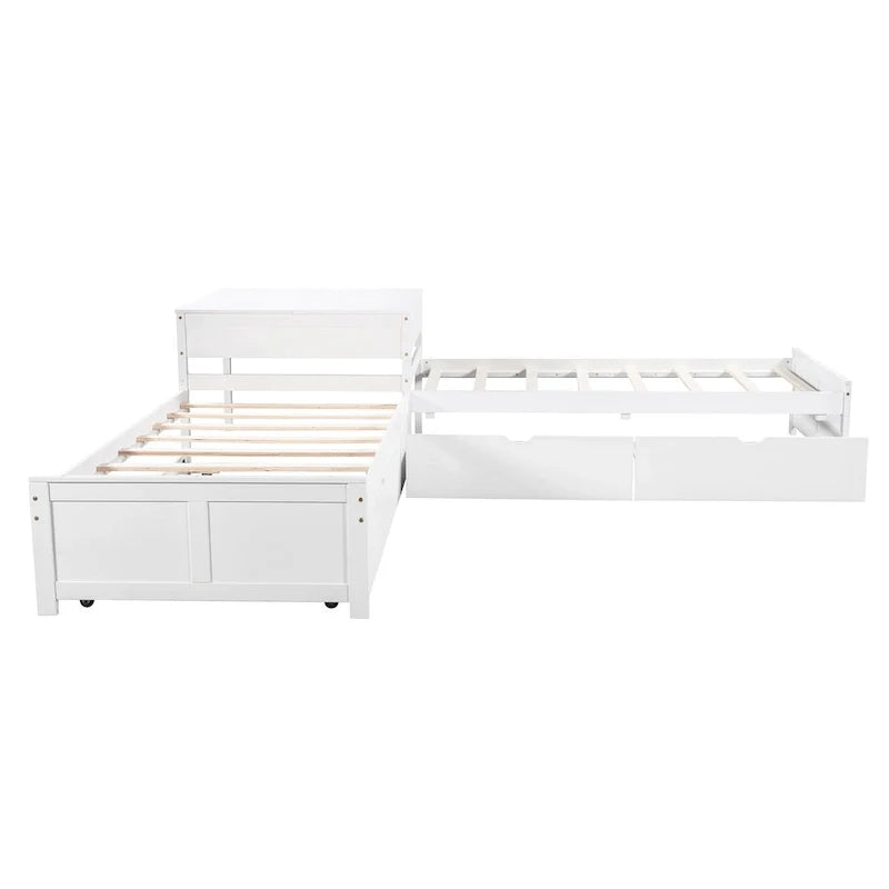 Letto a piattaforma a L moderno bianco per cameretta, dimensioni singole, con letto estraibile e cassetti