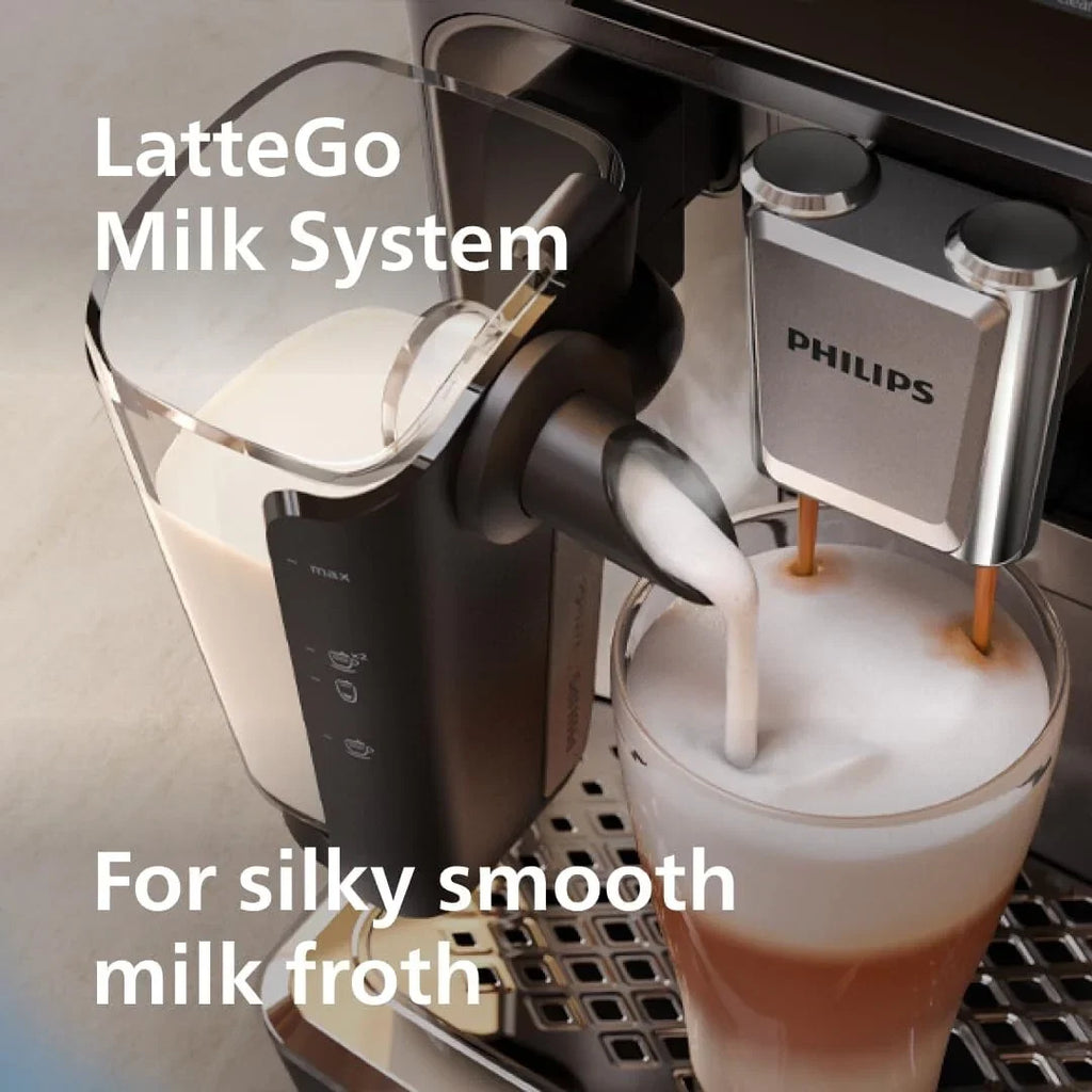 Macchina da Caffè Espresso Premium, 12 Bevande Calde/Fredde, Sistema LatteGo, Macinacaffè in Ceramica, Cromo Nero