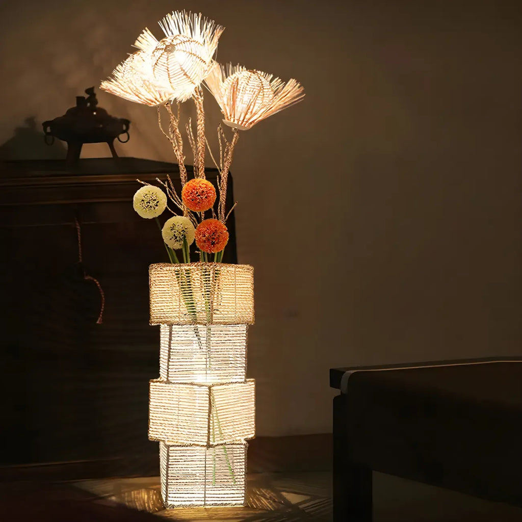 Lampada da terra in rattan LED a colonna con spina per soggiorno