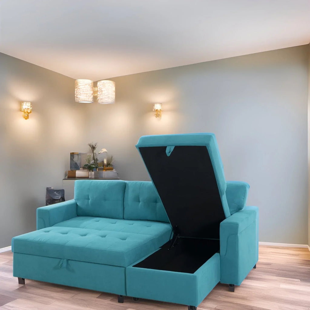 Divano componibile convertibile reversibile con letto estraibile, chaise longue con contenitore nascosto e gambe durevoli