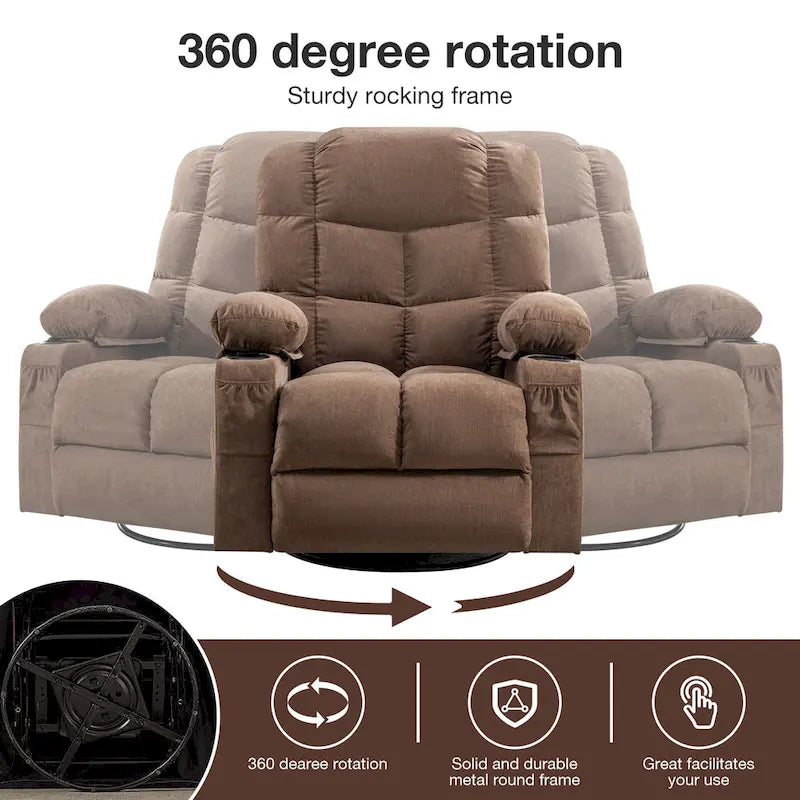 Poltrona reclinabile oversize grigia con calore e massaggio, reclinazione a 150°, oscillazione a 30°, ricarica USB e 2 portabicchieri