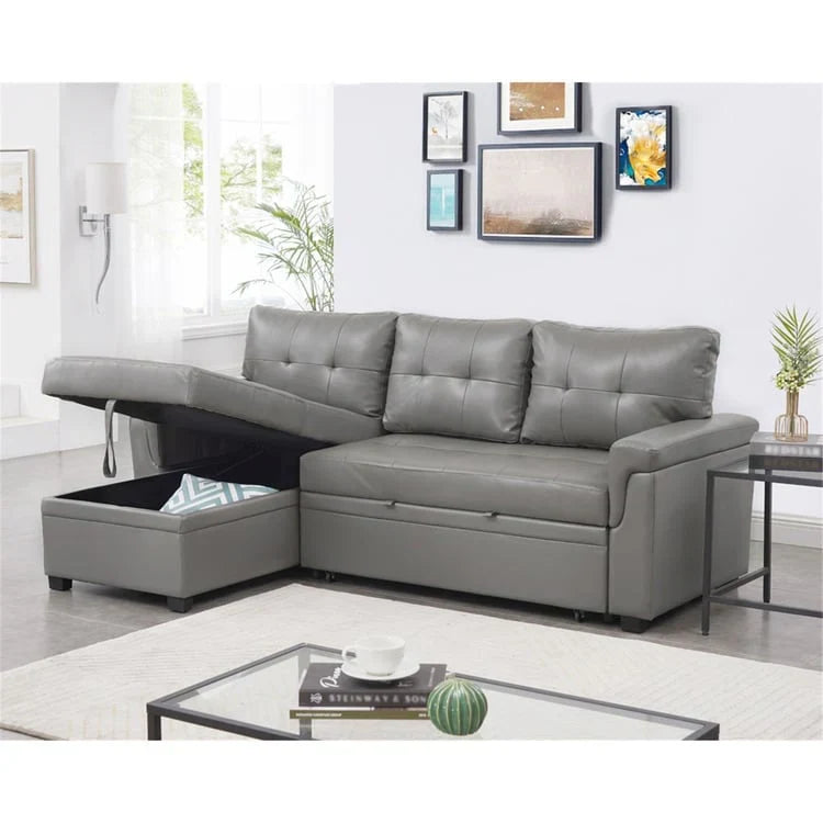 Divano componibile convertibile reversibile con letto estraibile, chaise longue con contenitore nascosto e gambe durevoli