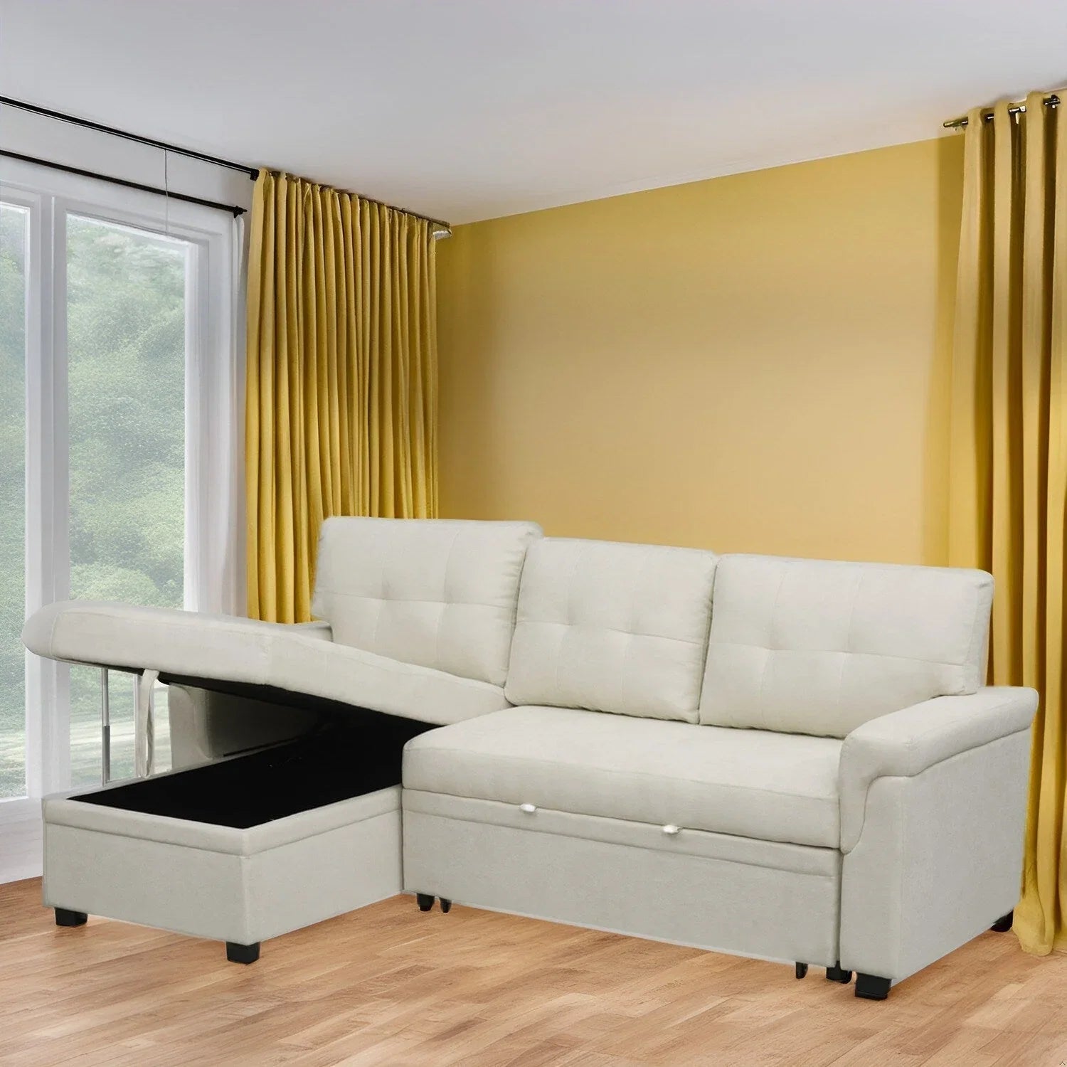 Divano sezionale reversibile con letto estraibile, chaise longue con contenitore nascosto, gambe durevoli,