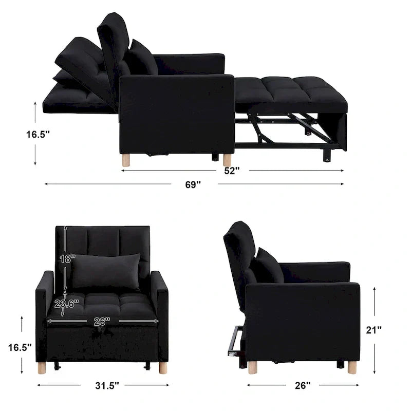 Divano letto 3 in 1 convertibile, poltrona e lettino, nero