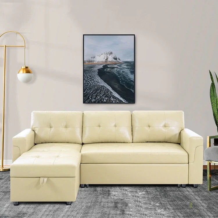 Divano componibile convertibile reversibile con letto estraibile, chaise longue con contenitore nascosto e gambe durevoli