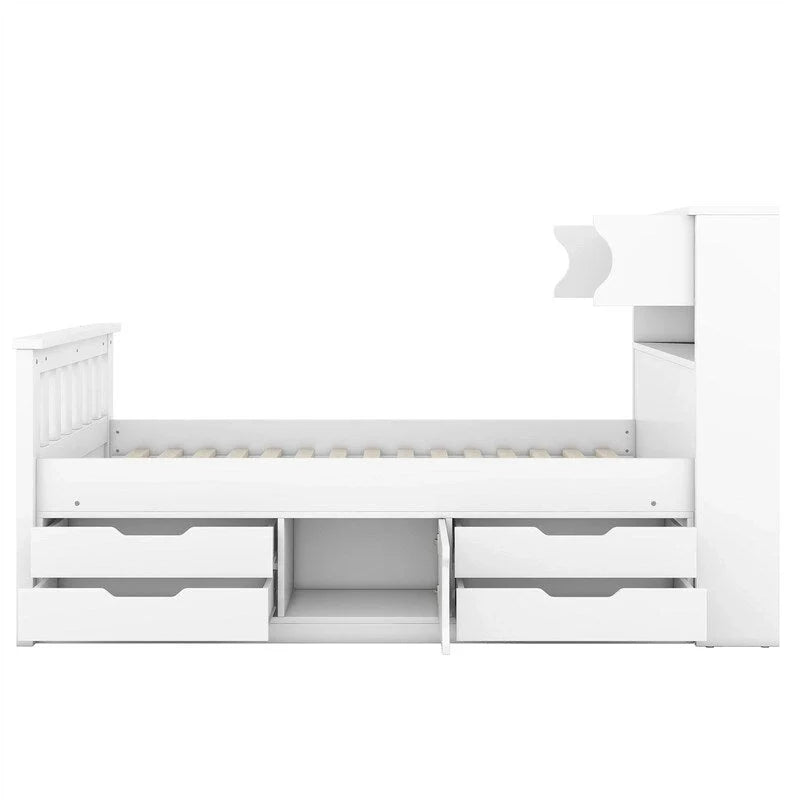 Letto a piattaforma Twin/Full Size Captain con 4 cassetti e mensole portaoggetti, struttura letto in legno massello con testiera libreria contenitore