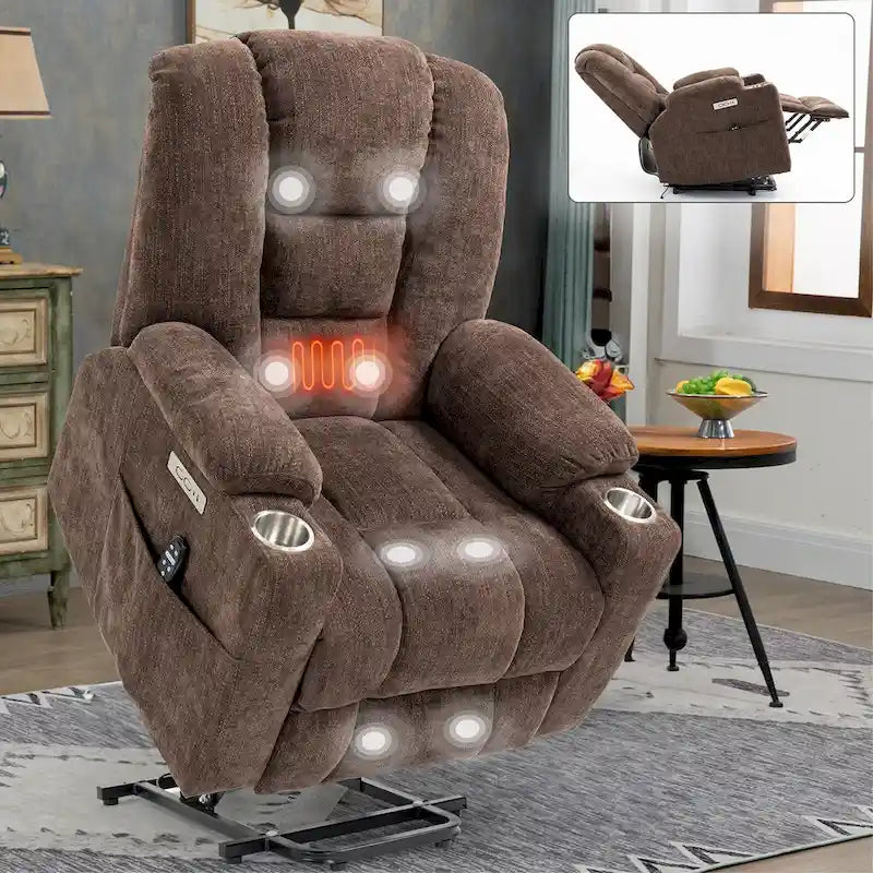 Poltrona Reclinabile Power Lift con Massaggio e Calore, Poltrone Reclinabili Larghe Imbottite Lazy Boy con USB, Porte Type C e 2 Portabicchieri in Acciaio