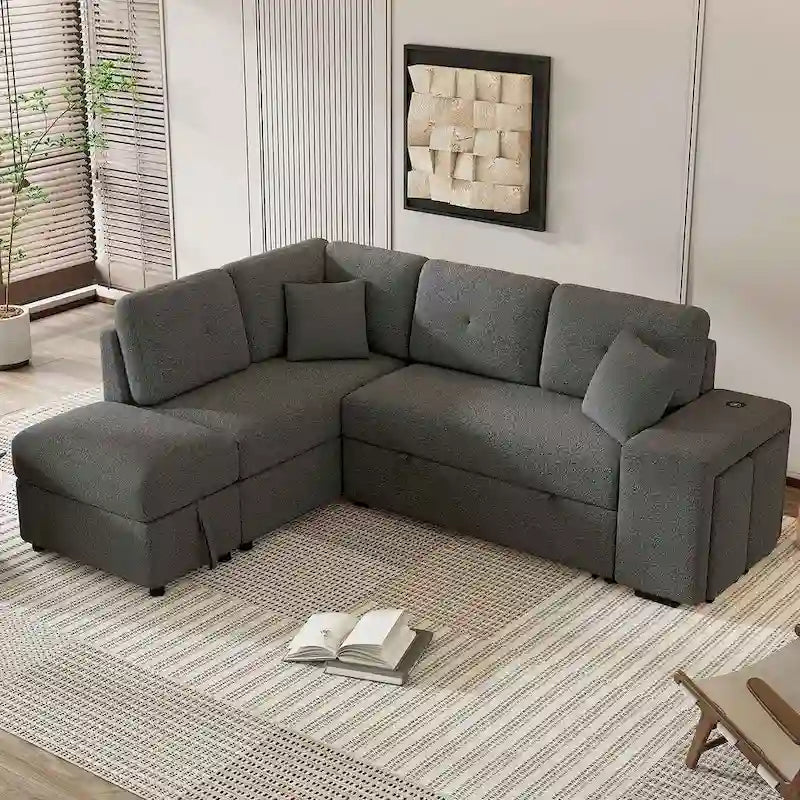 Divano componibile con letto estraibile e pouf contenitore, divano letto convertibile per soggiorno
