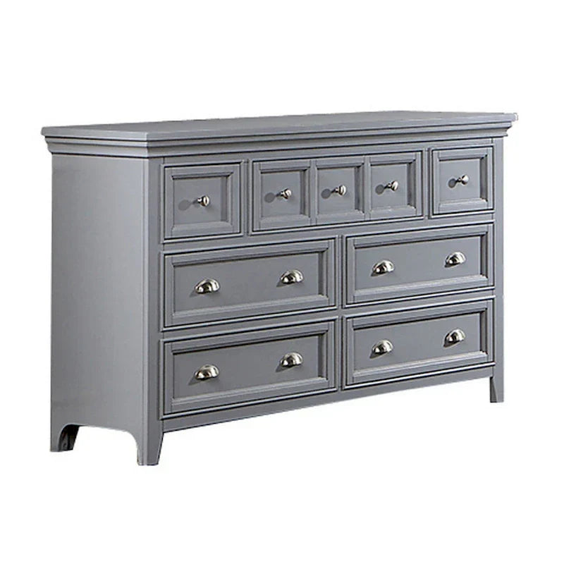 Cassettiera Cile da 56 pollici, 7 cassetti scorrevoli, legno grigio, maniglie rotonde in nichel