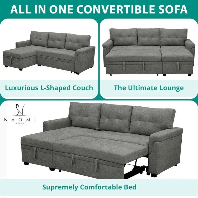 Divano sezionale reversibile con letto estraibile, chaise longue con contenitore nascosto, gambe durevoli,