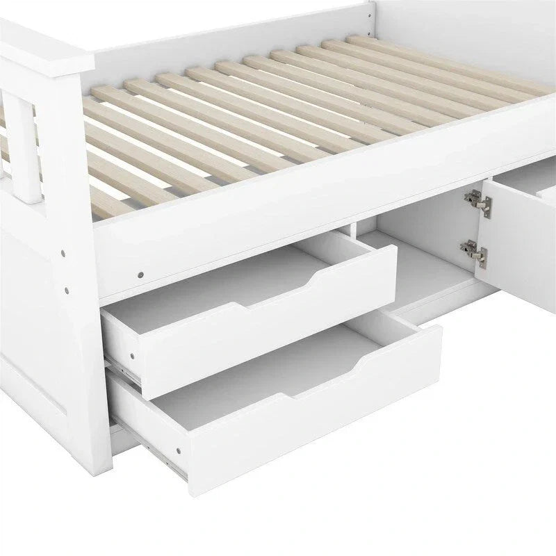 Letto a piattaforma Twin/Full Size Captain con 4 cassetti e mensole portaoggetti, struttura letto in legno massello con testiera libreria contenitore