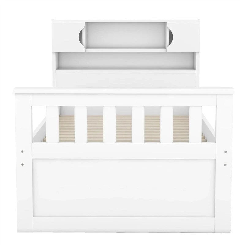 Letto a piattaforma Twin/Full Size Captain con 4 cassetti e mensole portaoggetti, struttura letto in legno massello con testiera libreria contenitore