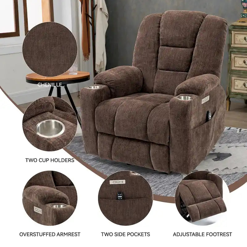 Poltrona Reclinabile Power Lift con Massaggio e Calore, Poltrone Reclinabili Larghe Imbottite Lazy Boy con USB, Porte Type C e 2 Portabicchieri in Acciaio