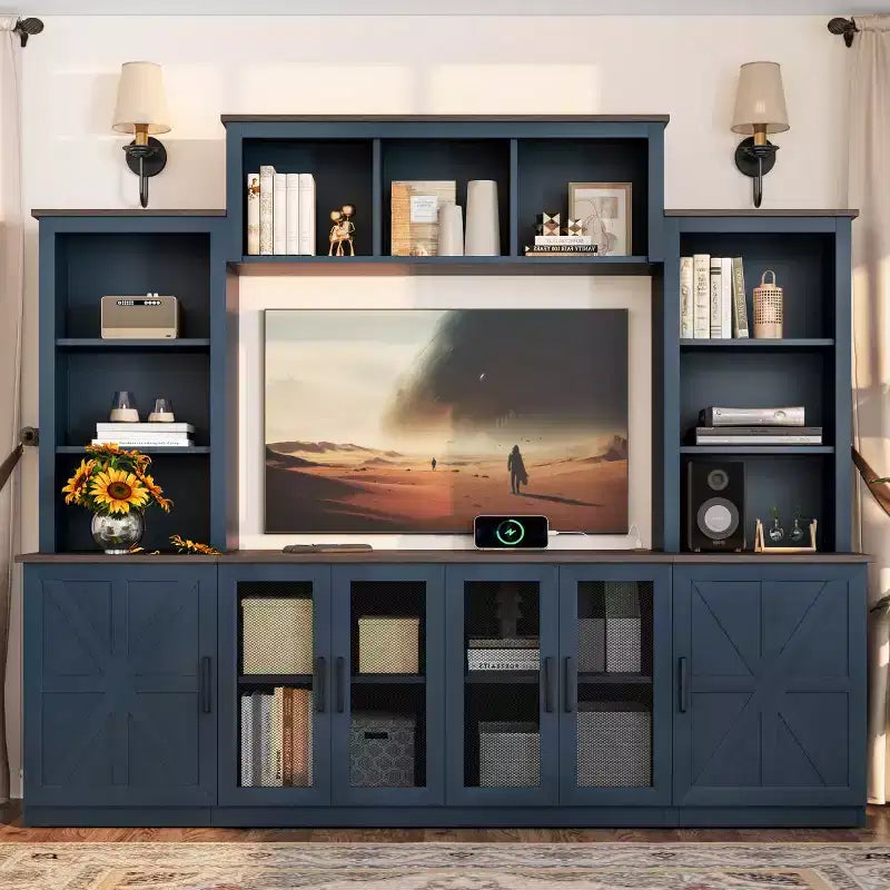 Mobile TV moderno per TV da 55 pollici con stazione di ricarica, console multimediale con ampi armadietti, centro di intrattenimento per soggiorno-Panipeachy