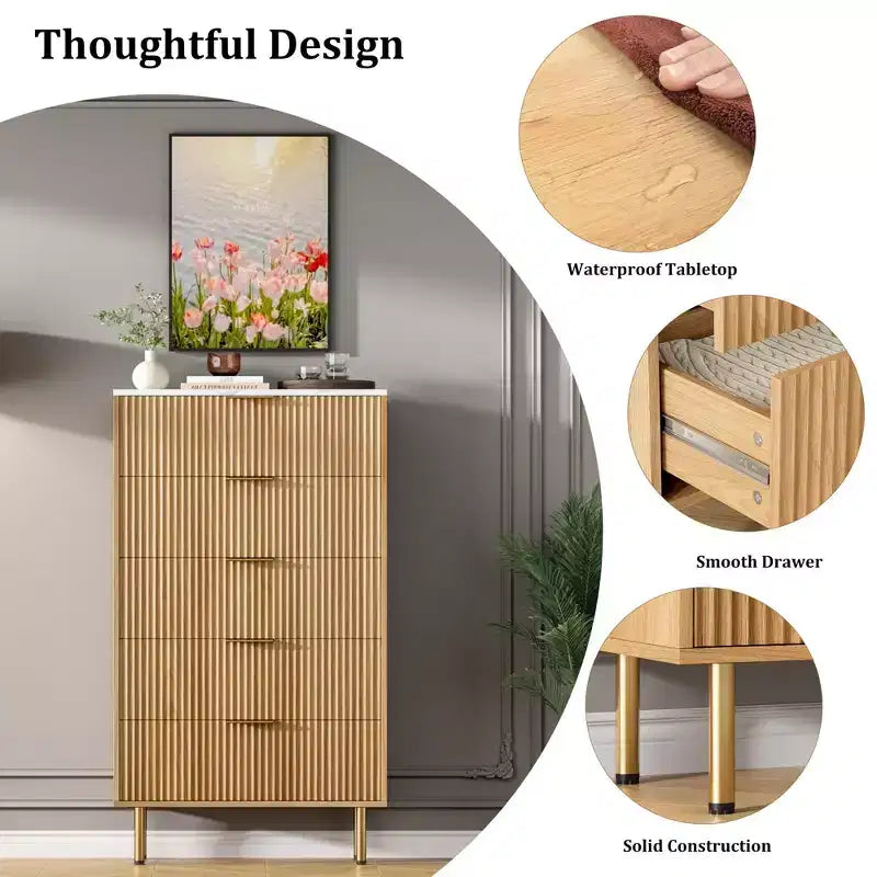 Commode 5 tiroirs Blanc / Marbre et Bois – Panneau cannelé, pour 1 personne