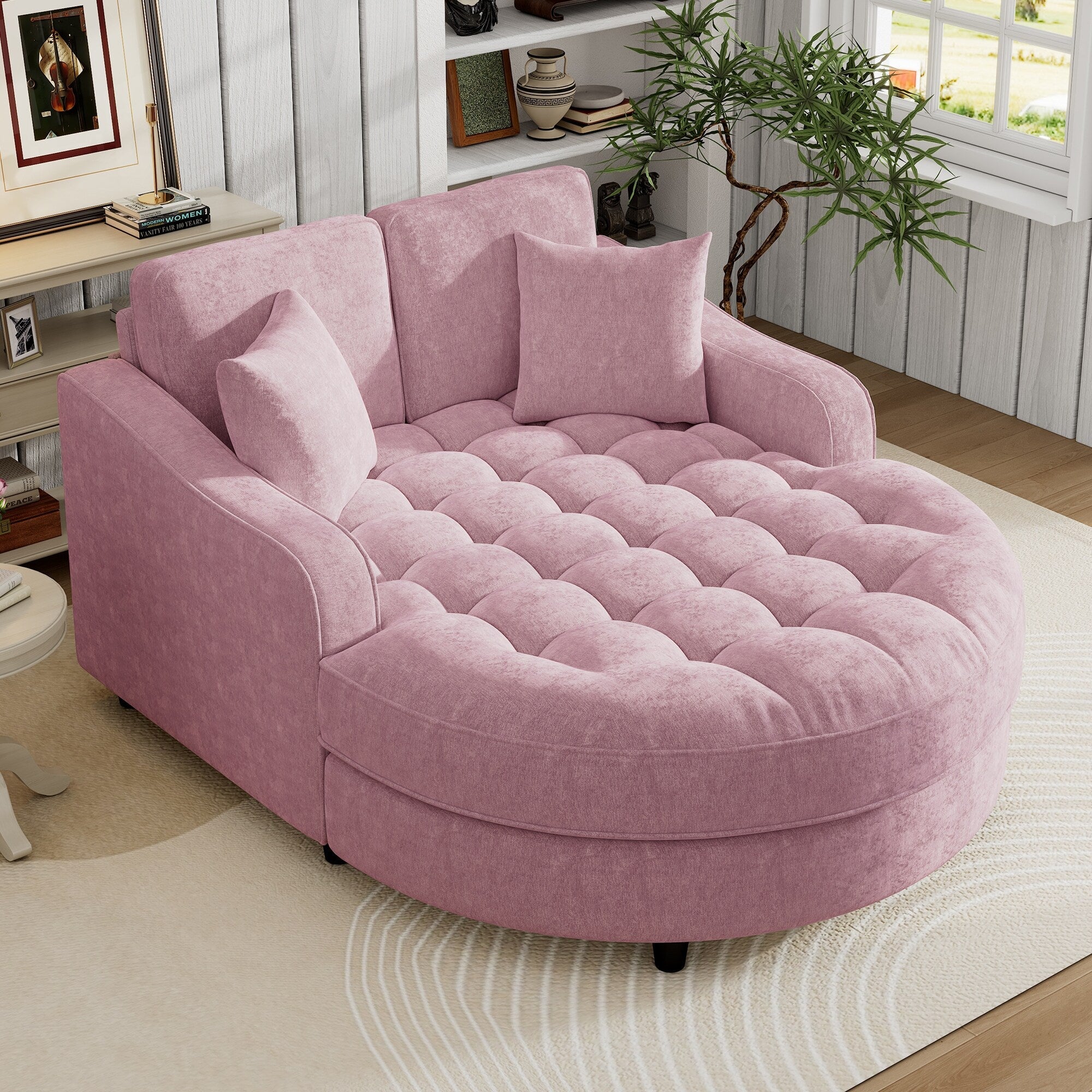 Divano Letto Chaise Longue in ciniglia, Divano Imbottito con Schienale Trapuntato e 2 Cuscini Rimovibili per Soggiorno