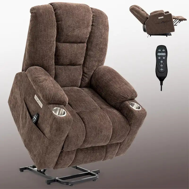Poltrona Reclinabile Power Lift con Massaggio e Calore, Poltrone Reclinabili Larghe Imbottite Lazy Boy con USB, Porte Type C e 2 Portabicchieri in Acciaio