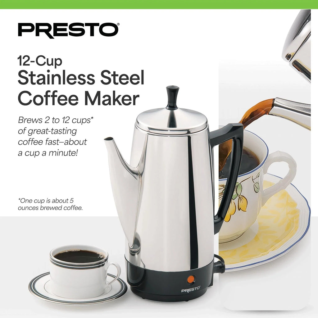 Caffettiera in acciaio inox Presto, percolatore robusto da 12 tazze, colore argento - 2.79