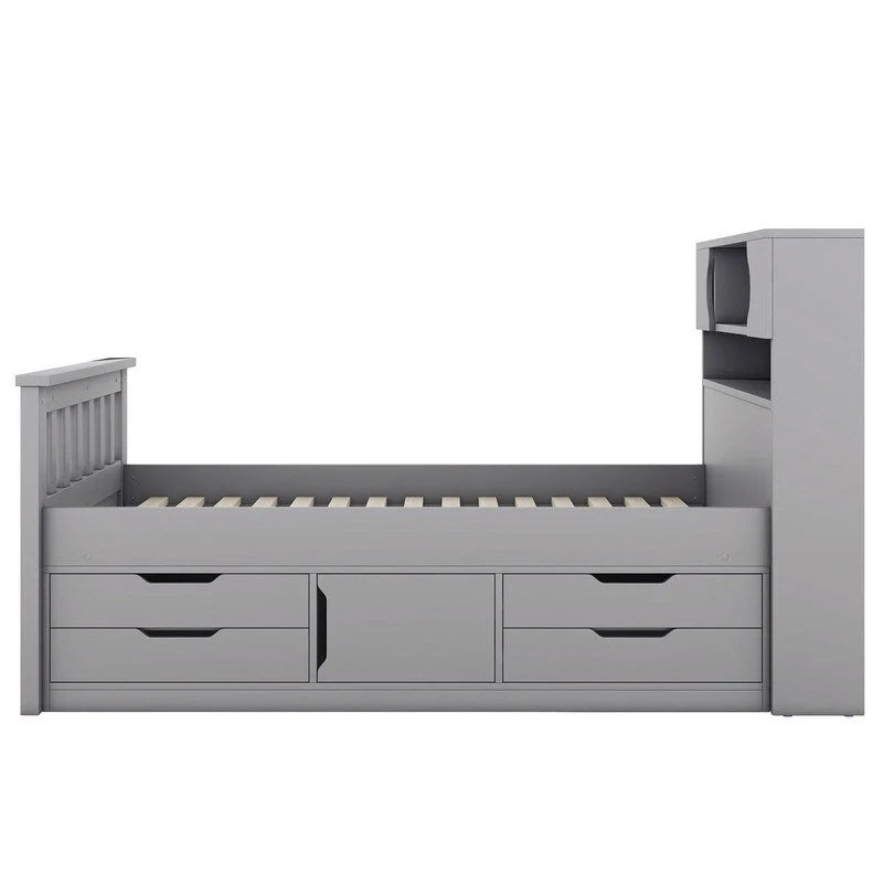 Letto a piattaforma Twin/Full Size Captain con 4 cassetti e mensole portaoggetti, struttura letto in legno massello con testiera libreria contenitore