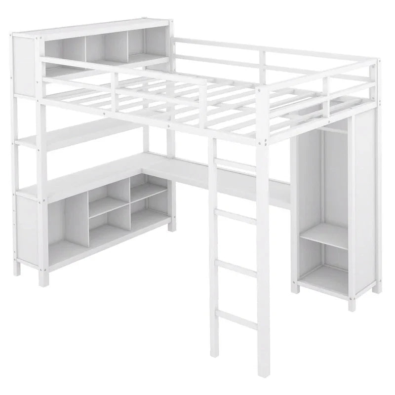 Letto a soppalco in metallo Off-White con scrivania e armadio - Matrimoniale