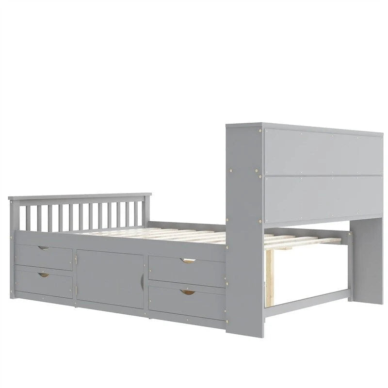 Letto a piattaforma Twin/Full Size Captain con 4 cassetti e mensole portaoggetti, struttura letto in legno massello con testiera libreria contenitore