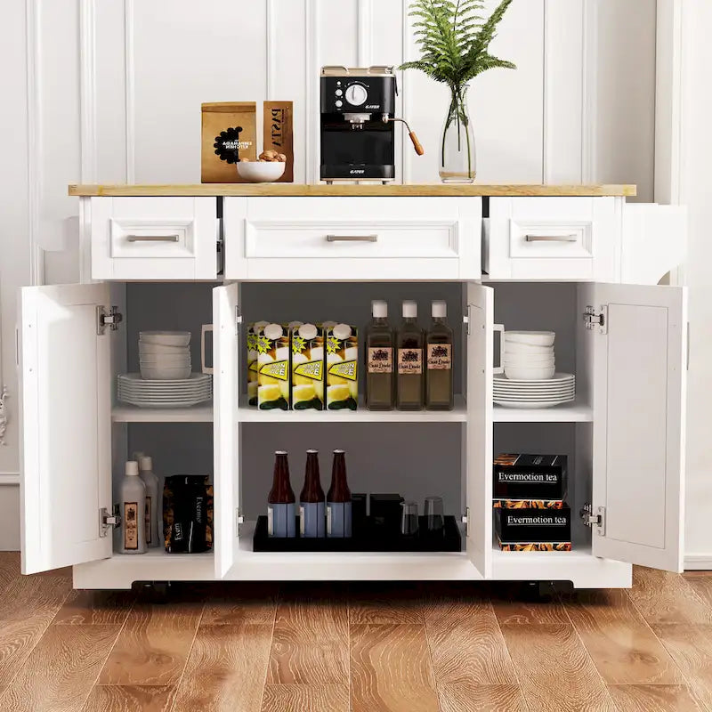 Grande isola da cucina con ribalta in legno, carrello da cucina arrotolabile con texture in rilievo, ante e cassetti con contenitore per cucina, bianco