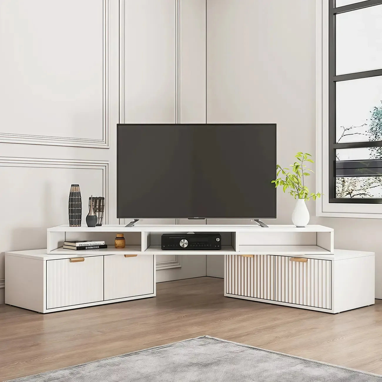 Mobile TV angolare con 2 cassetti e vani a giorno, bianco moderno
