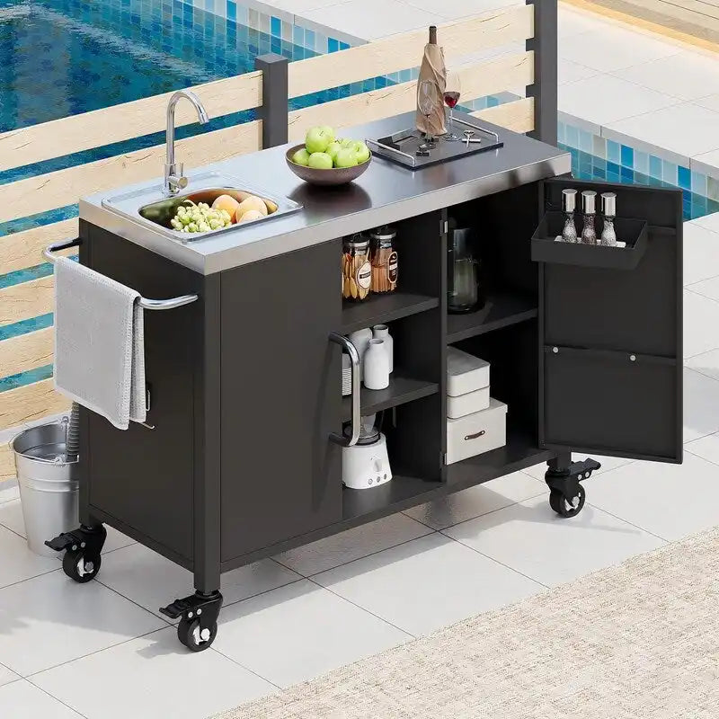 Isola cucina da esterno con lavello, Lavello portatile da esterno con 4 ruote bloccabili