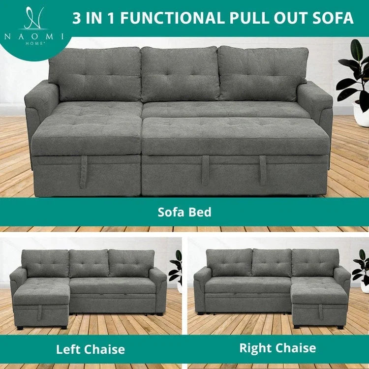Divano sezionale reversibile con letto estraibile, chaise longue con contenitore nascosto, gambe durevoli,