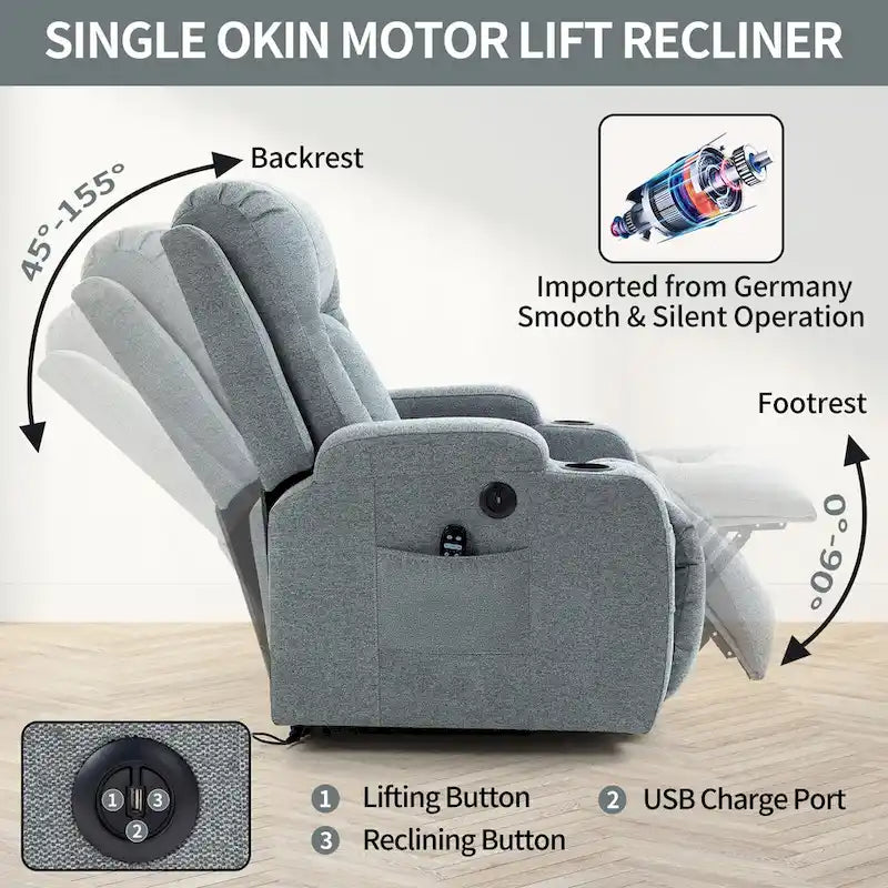 Poltrona reclinabile Power Lift, poltrona massaggiante moderna a motore singolo con riscaldamento lombare, porta di ricarica USB, portabicchieri
