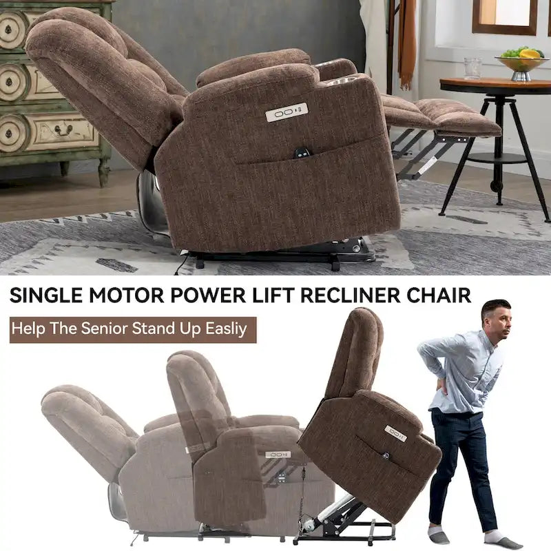 Poltrona Reclinabile Power Lift con Massaggio e Calore, Poltrone Reclinabili Larghe Imbottite Lazy Boy con USB, Porte Type C e 2 Portabicchieri in Acciaio