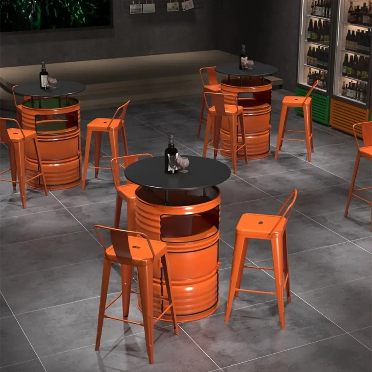 Tavoli da bar contenitori in metallo neri e arancioni industriali a forma di bidone