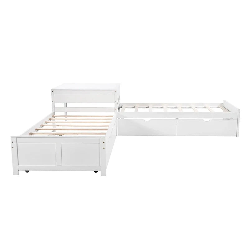 Letto a piattaforma a L moderno bianco per cameretta, dimensioni singole, con letto estraibile e cassetti
