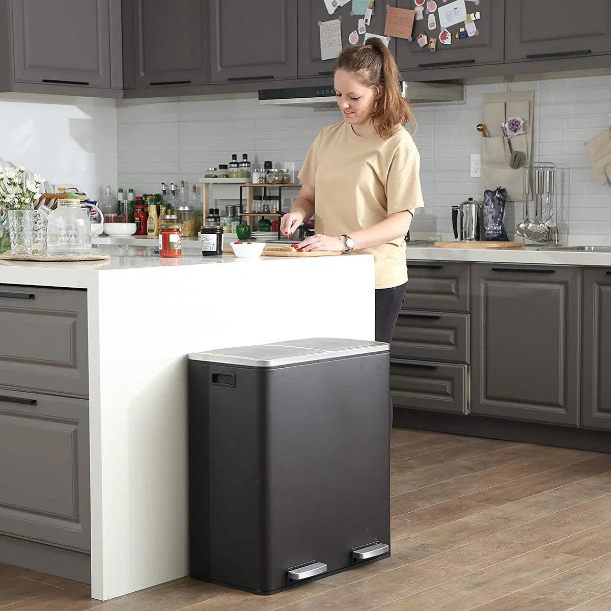 SONGMICS Pattumiera Doppia, 60L (2 x 30L) Cestino per la Raccolta Differenziata in Acciaio Inossidabile, Nero
