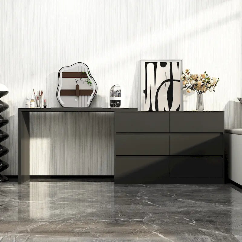 Cassettiera e Scrivania Girevole a 32,7H, con 6 Cassetti, Tavolo da Trucco, Bianco/Nero