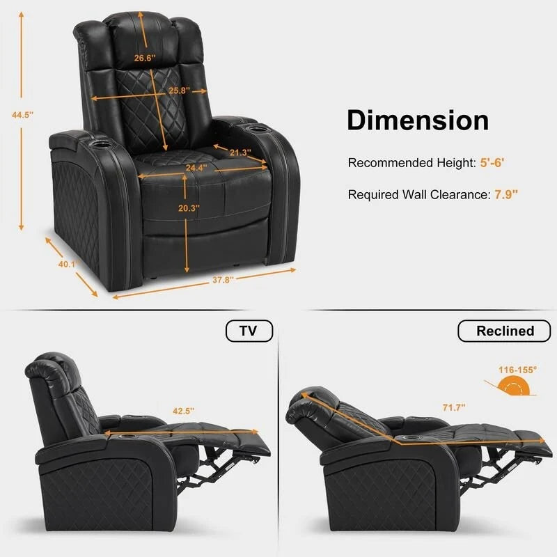 Poltrona reclinabile MCombo con poggiatesta regolabile, sedile home theater a doppio motore con porta USB, pelle traspirante HTS411