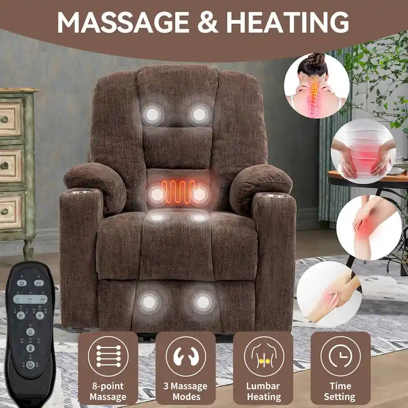Poltrona Reclinabile Power Lift con Massaggio e Calore, Poltrone Reclinabili Larghe Imbottite Lazy Boy con USB, Porte Type C e 2 Portabicchieri in Acciaio