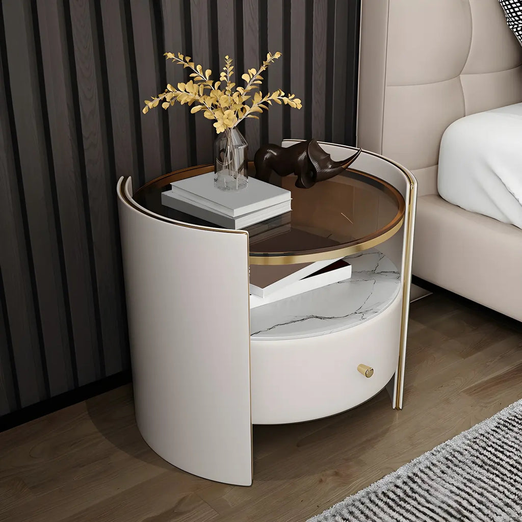 Comodino di Lusso con Piano in Vetro, Cassetto Contenitore e Vano Aperto