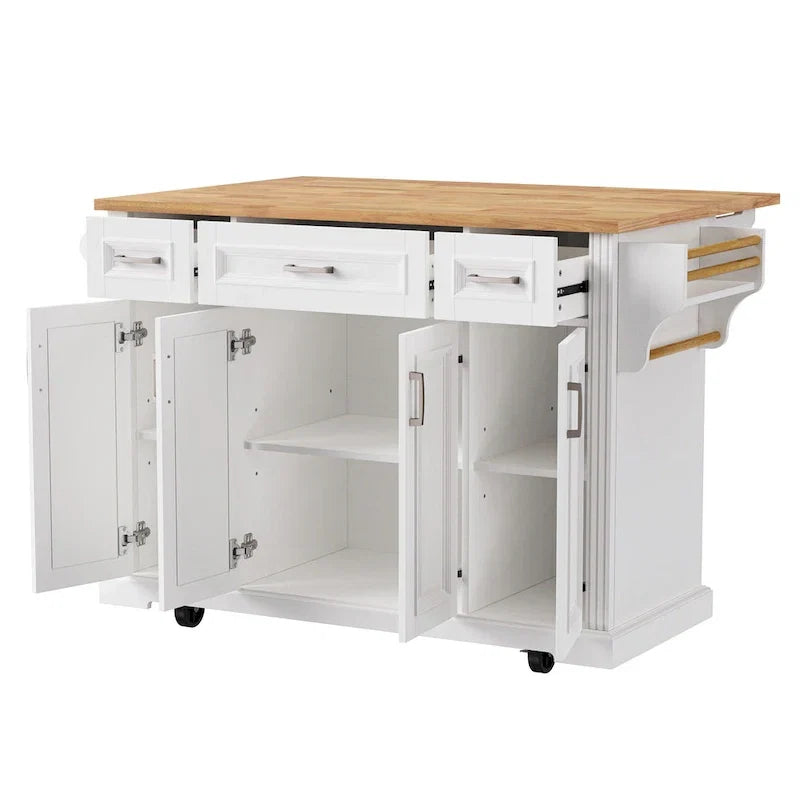 Grande isola da cucina con ribalta in legno, carrello da cucina arrotolabile con texture in rilievo, ante e cassetti con contenitore per cucina, bianco