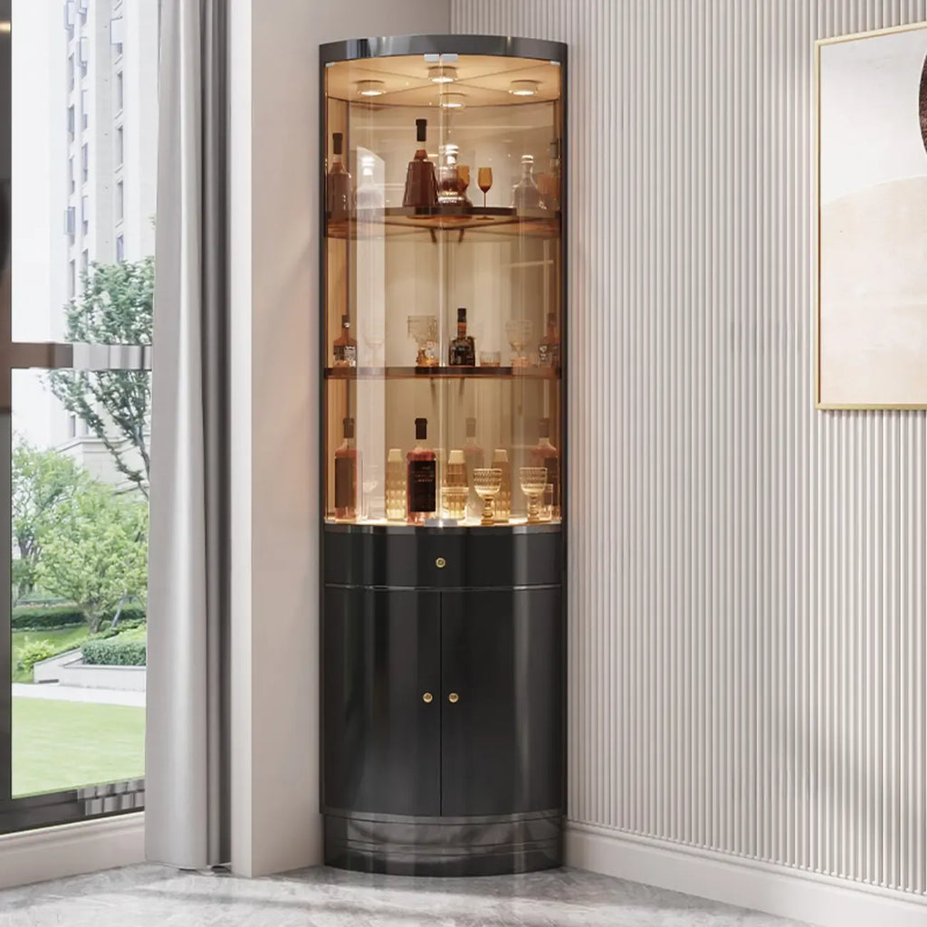 Mobile Bar Angolare con Scaffali Multipli in Vetro e Metallo per Esposizione