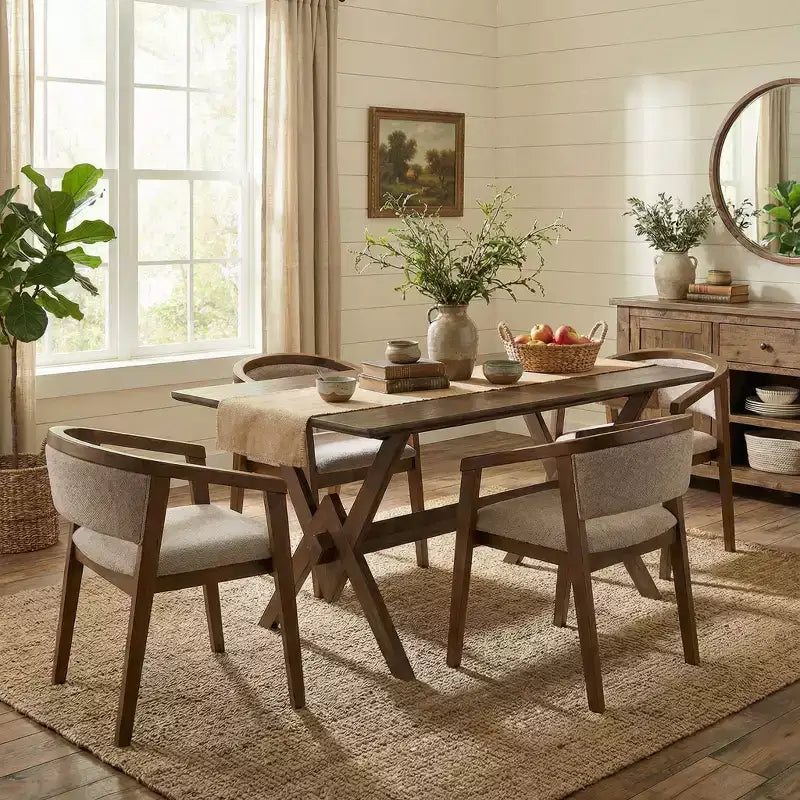 Christopher Knight Home Simon Set da pranzo 5 pezzi in legno di gomma stile Mid-Century moderno con sedie imbottite in bouclé