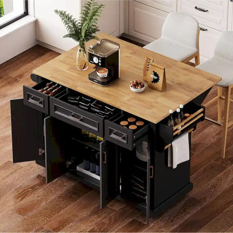 54 - Grande isola cucina con anta a ribalta in legno di gomma, carrello da cucina scorrevole con texture in rilievo su 4 ruote con 4 ante e 3 cassetti