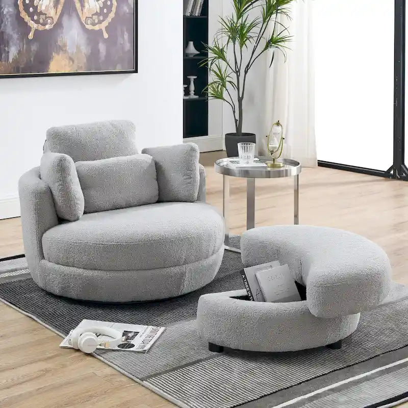 Poltrona a botte girevole di grandi dimensioni con pouf contenitore a forma di luna