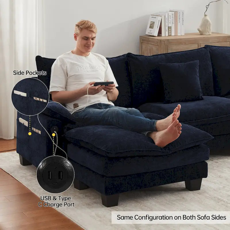 Divano Sezionale Modulare, Comodo Divano Sezionale Cloud con Pouf, Divano Letto a Seduta Profonda per Soggiorno