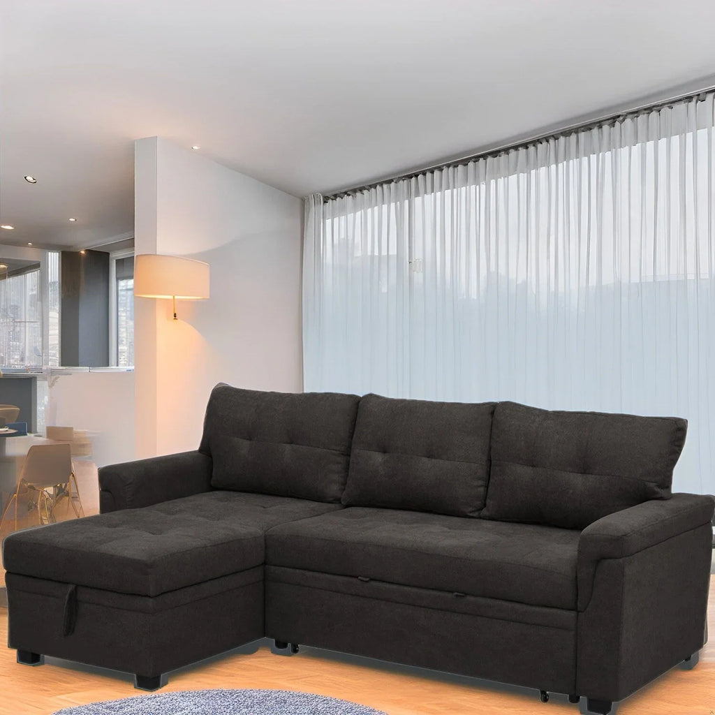 Divano sezionale reversibile con letto estraibile, chaise longue con contenitore nascosto, gambe durevoli,