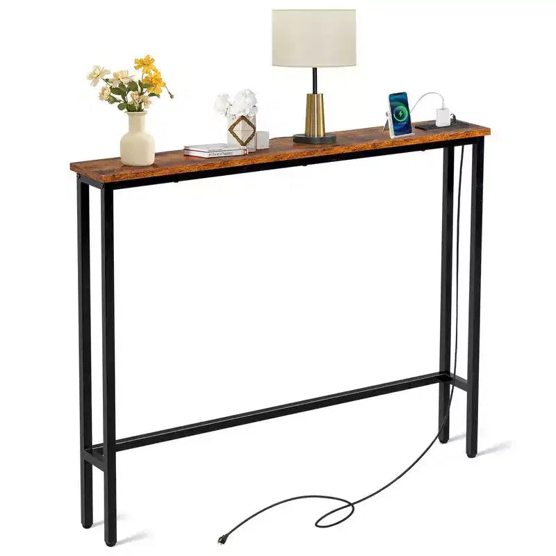 Marrone Ruggine 1pz Consolle in Ferro Triamina 100*15*79cm con Prese Elettriche