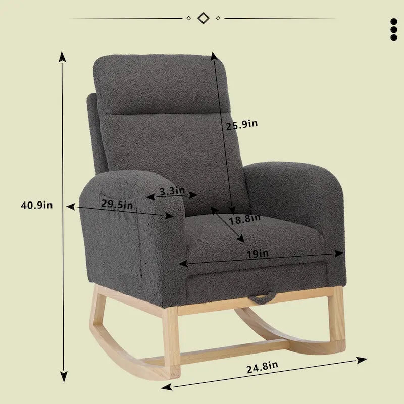 Poltrona a dondolo moderna con schienale alto da 75 cm, imbottita, con gambe in legno massello e poggiapiedi regolabile